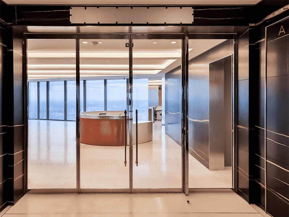 Fire-rated aluminium doors at a commercial building floor