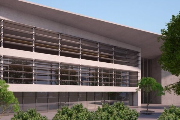 Aluminium glazed facade with external louvre shading working alongside low-E solar control glass to cut solar heat gain