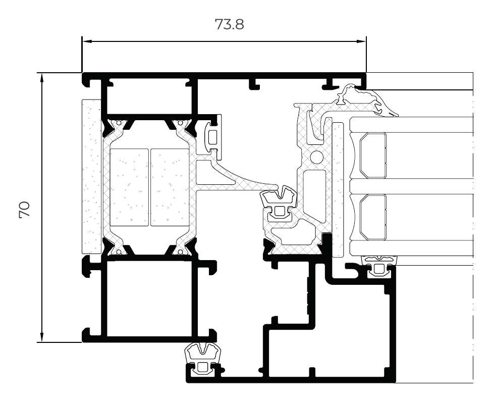Cortizo COR 70 Evolution window section showing the polyamide thermal break, gasket lines and glazing rebate