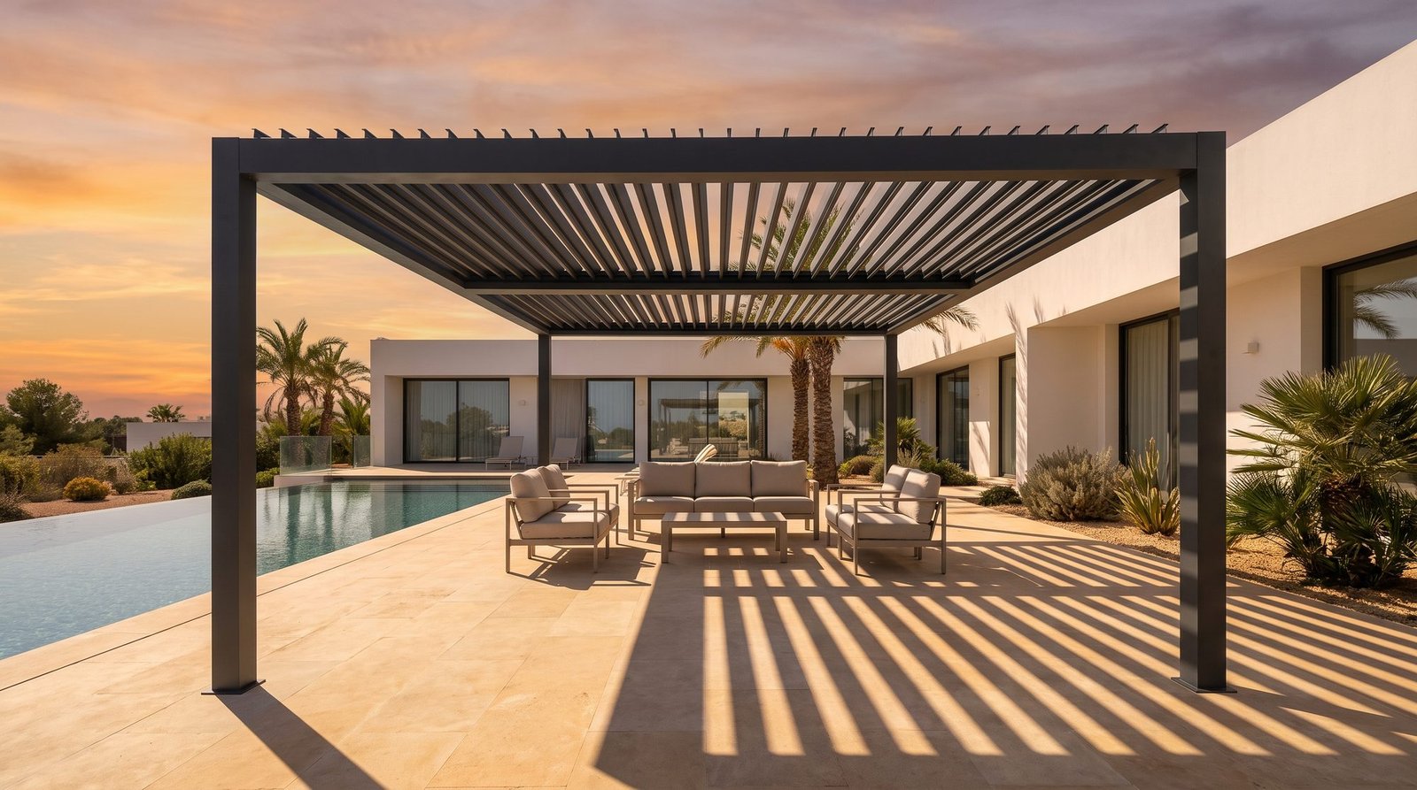 Visualisation of an anthracite grey motorised louvred aluminium pergola beside a villa pool in Dubai