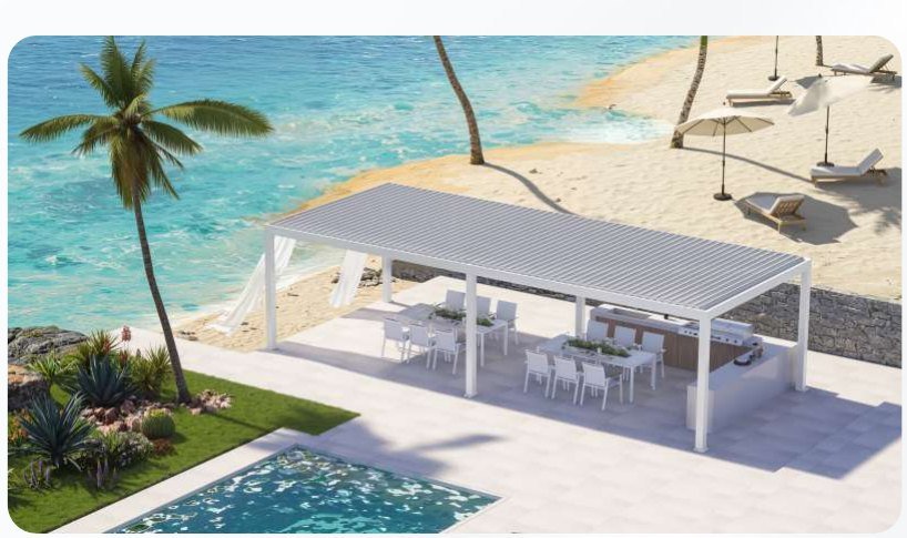 Large white louvred pergola over outdoor dining by the sea