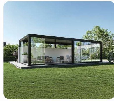 Louvred pergola enclosed with frameless glass as a garden room