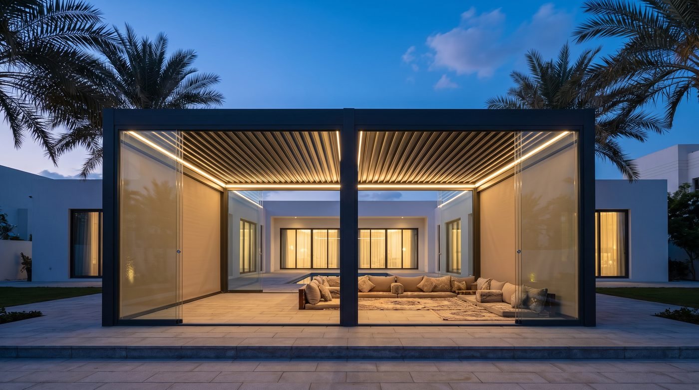 Visualisation of a louvred pergola enclosed with frameless sliding glass and a zip screen as an evening majlis at a Dubai villa