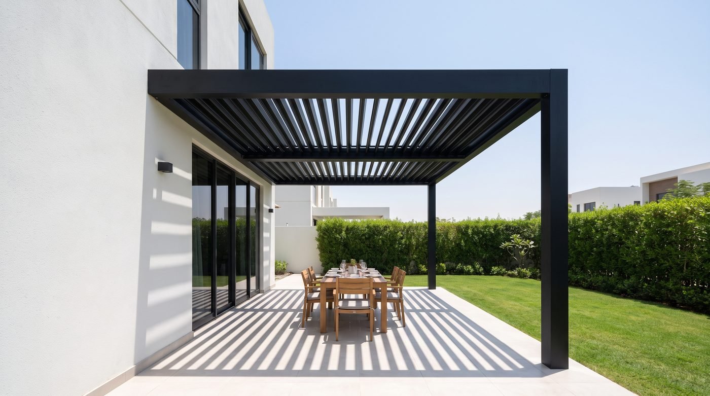 Visualisation of a wall-mounted jet black louvred pergola as a patio cover over a dining table at a Dubai villa