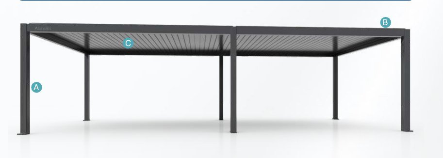 Palora pergola structure: 150mm posts, 188mm beams, 180mm louvre blades