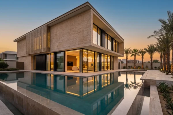 Visualisation: UAE villa with a glazed corner in slim-sightline aluminium, RAL 9005 frames, seen across an infinity pool at dusk