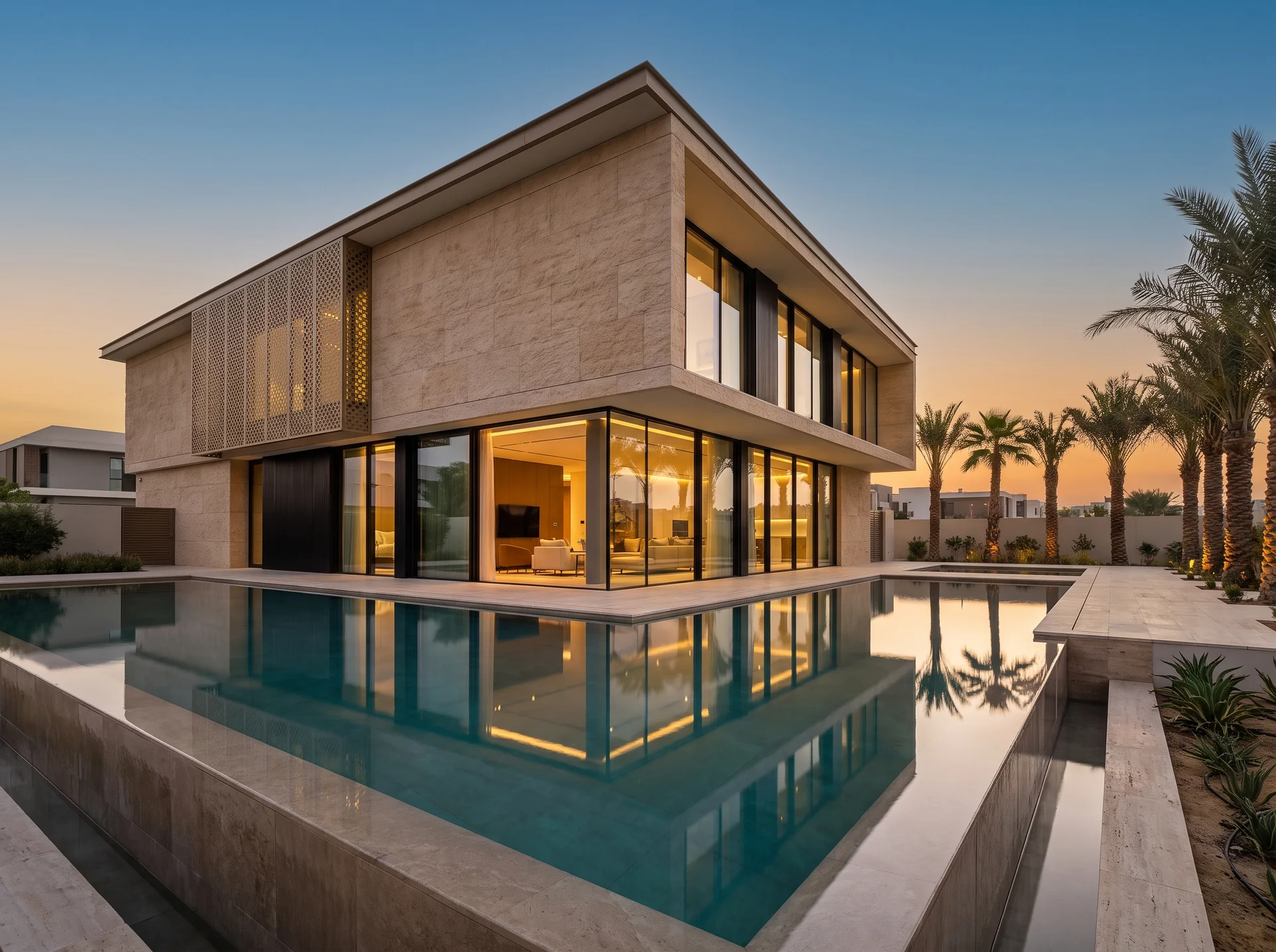 Visualisation: villa elevation with oversized aluminium glazing and a slim-sightline glazed corner, illustrating window-to-wall ratio under Al Sa'fat