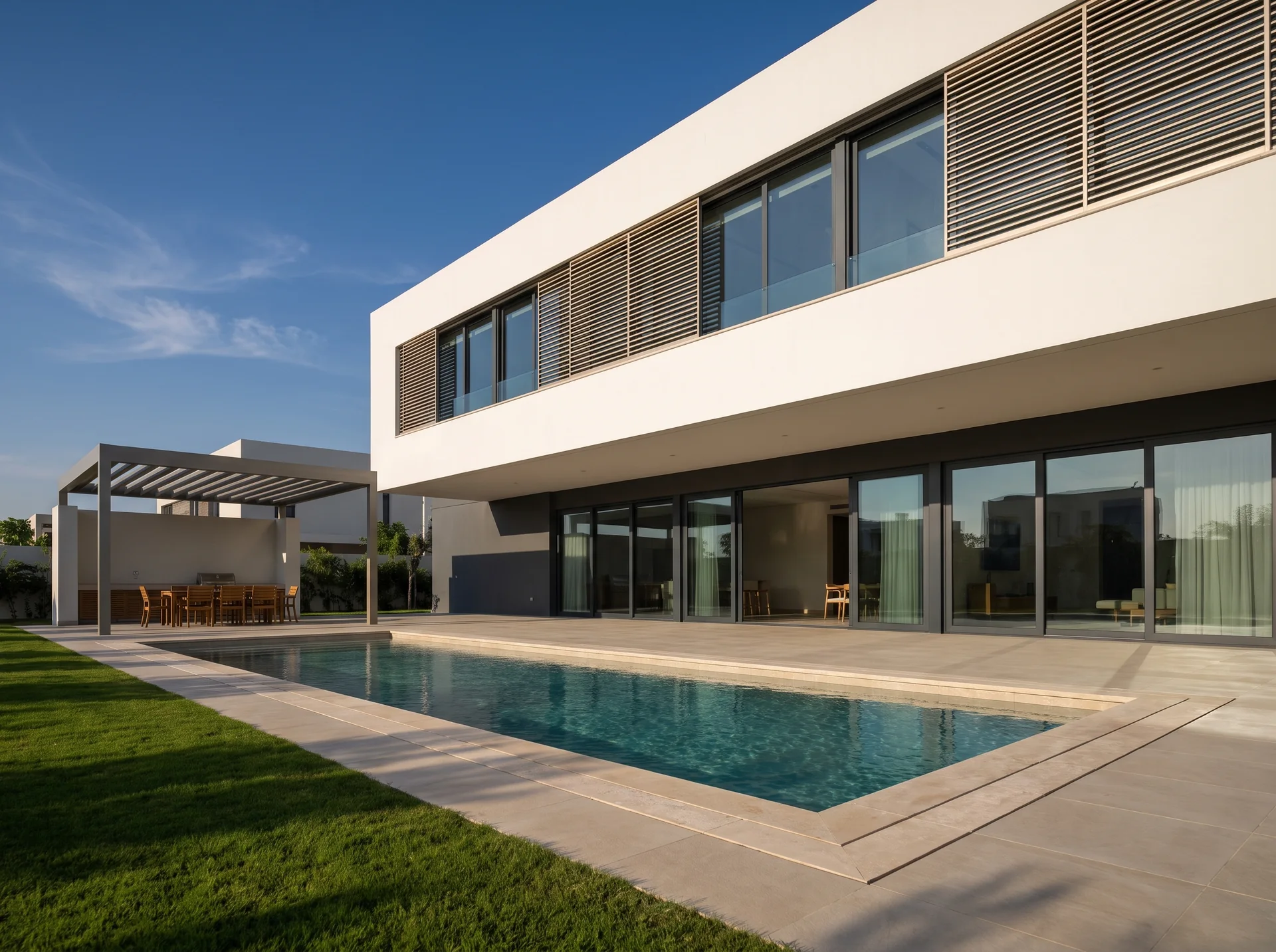 Visualisation: UAE villa combining solar-control glazing with external aluminium louvre blades and a pergola over the terrace