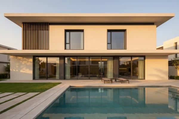 Visualisation: contemporary UAE villa pool elevation with full-height thermally broken aluminium sliding doors in RAL 7016 and bronze anodised shading fins