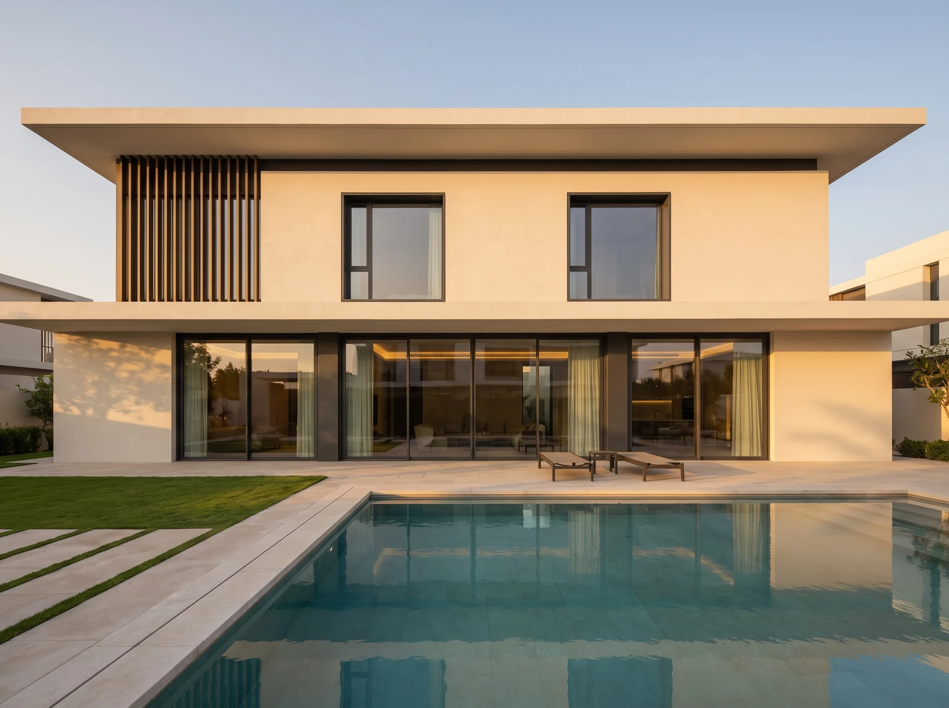 Visualisation: large aluminium sliding doors on a UAE villa facing the pool, where high-performance glazing controls solar heat gain