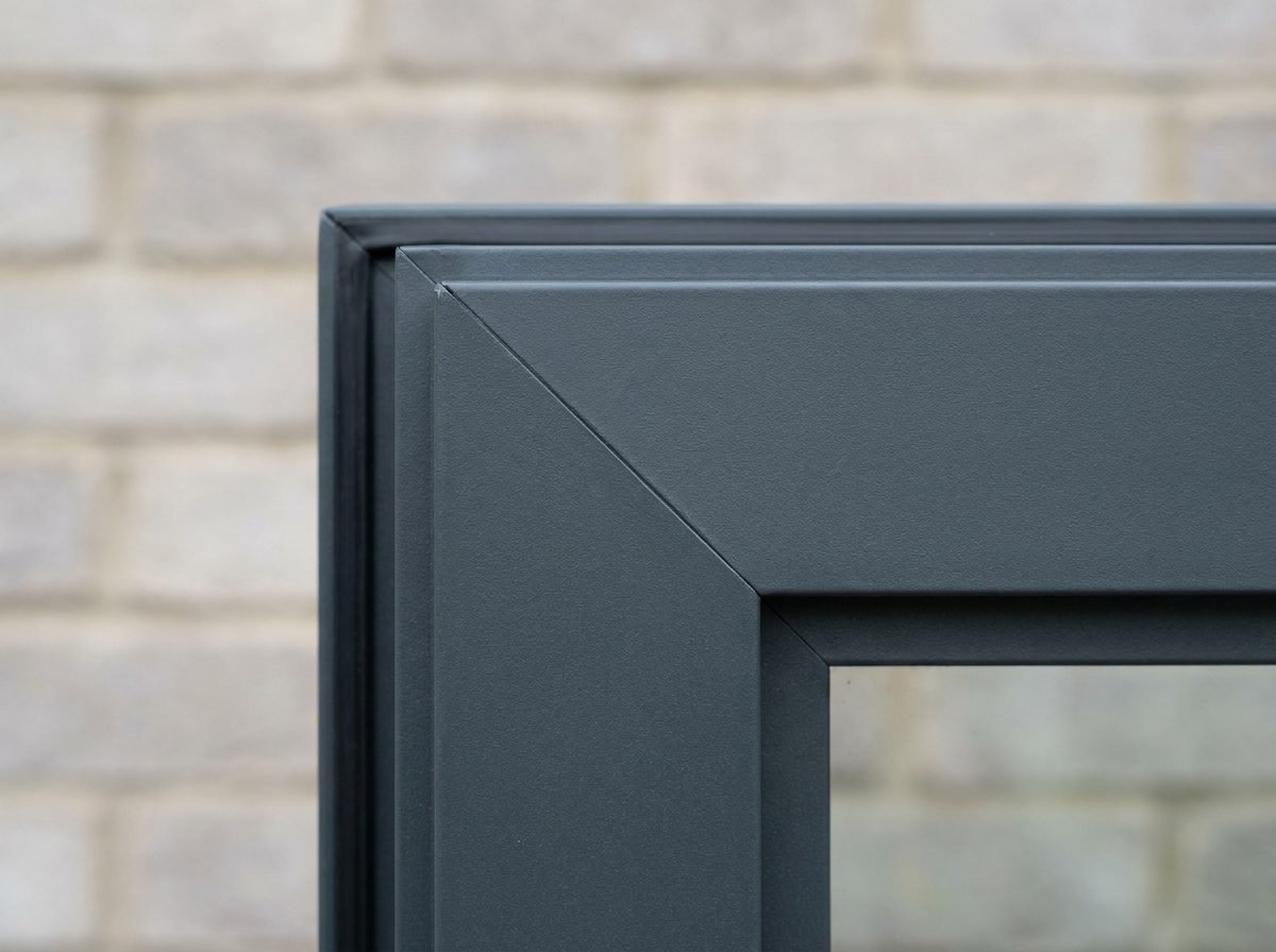 Close-up of a matt anthracite powder-coated aluminium frame corner, the type of dark finish that runs markedly hotter than a light colour in Gulf sun