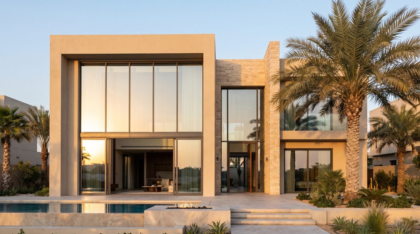Visualisation: contemporary Abu Dhabi villa with a double-height aluminium curtain wall, a wide sliding door and a tall glazed pivot entrance door