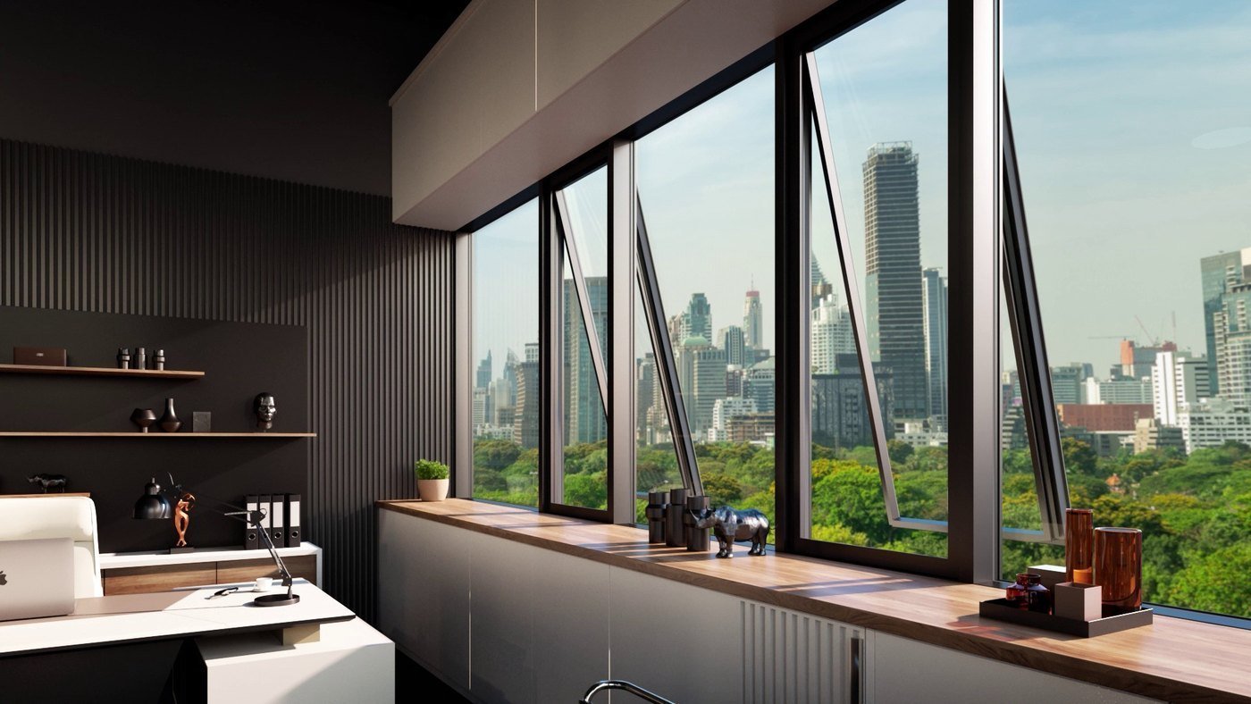 Run of aluminium windows mixing fixed lights with top-hung opening vents — the opening sashes show a visibly deeper frame than the fixed panes beside them
