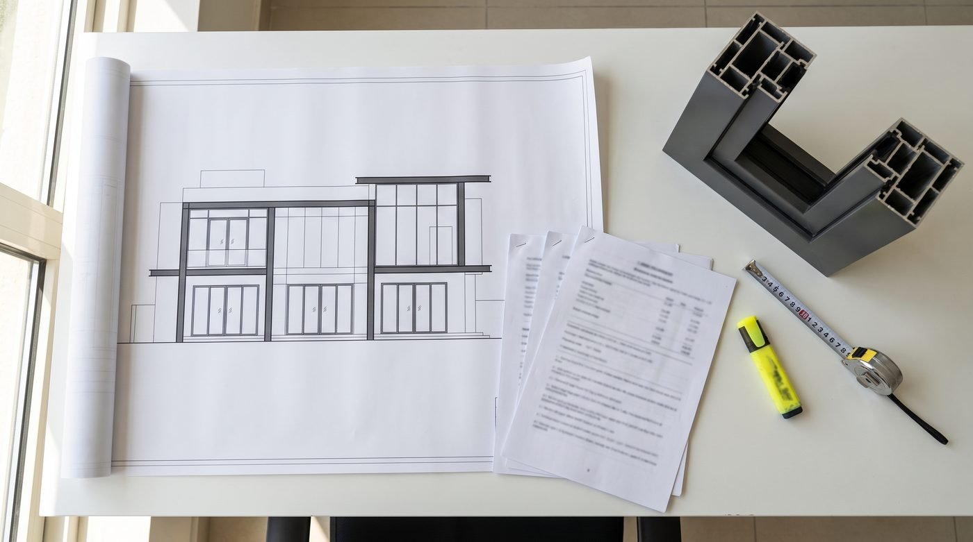 Visualisation: villa elevation drawing laid beside three glazing quotations, a highlighter, tape measure and an aluminium profile offcut