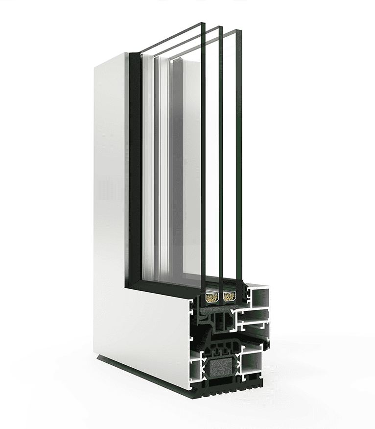 Cross-section of a thermally broken aluminium casement showing the multiple EPDM gasket lines that give an EN 12207 Class 4 air-tightness rating