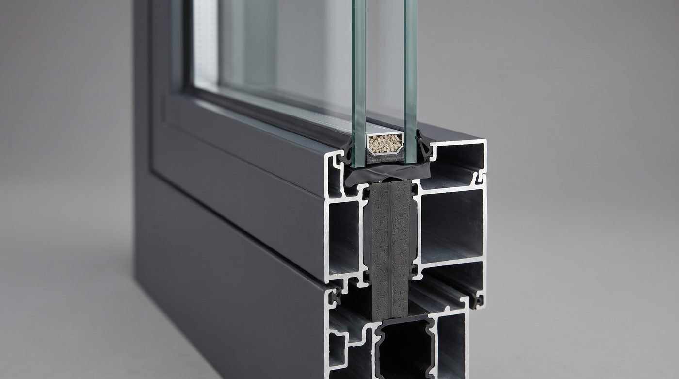 Visualisation: cutaway of a thermally broken aluminium frame holding a double glazed unit, showing the spacer bar, gaskets and the insulating strip between inner and outer profiles
